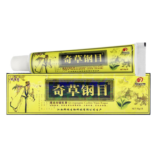 Chinese Herbal Cream. Qicaogangmu Caoben Yijun Rugao (new name) / Bencaogangmu Caoben Yijun Rugao (old name) / Qicaogangmu Herbal Antibacterial Ointment.  has antibacterial effects on Staphylococcus aureus, Candida albicans, and Escherichia coli.