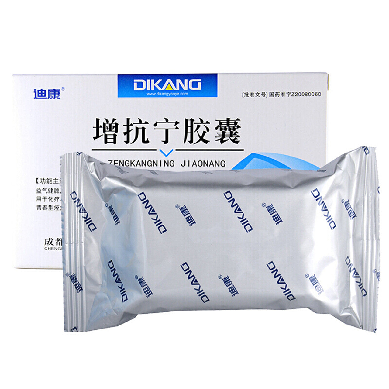 China Herb. Brand DIKANG. ZENGKANGNING JIAONANG or Zengkangning Jiaonang or  Zeng Kang Ning Capsule or  Zengkangning capsule For chemotherapy, radiotherapy, leukopenia caused by unknown reasons, youth acne, and also for the treatment of chronic hepatitis.