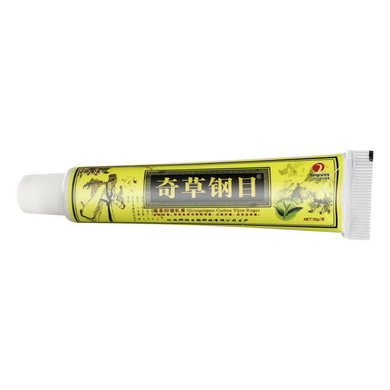 Chinese Herbal Cream. Qicaogangmu Caoben Yijun Rugao (new name) / Bencaogangmu Caoben Yijun Rugao (old name) / Qicaogangmu Herbal Antibacterial Ointment.  has antibacterial effects on Staphylococcus aureus, Candida albicans, and Escherichia coli.