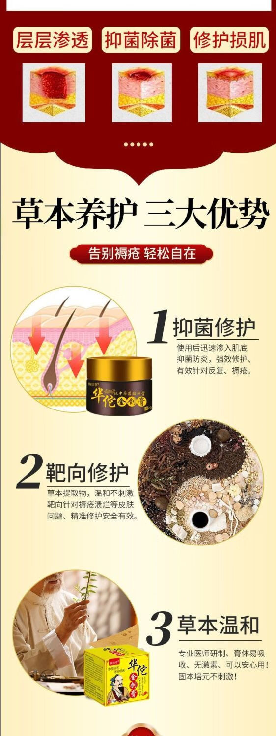 Chinese Herbal Cream for external use only. Brand Huatuo. Jinchuang Gao or Jinchuang Ointment or Jinchuang Cream for for all types of bedsores and ulcerated wounds to relieve the injured surface.